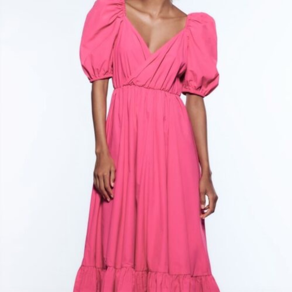 Zara Dark Fuchsia Pink Puff Sleeve Midi Dress- Size Small